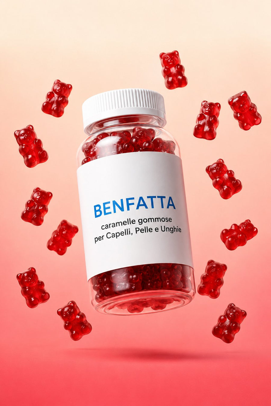 BENFATTA capelli e pelle, barattolo e gommose rosse in volo