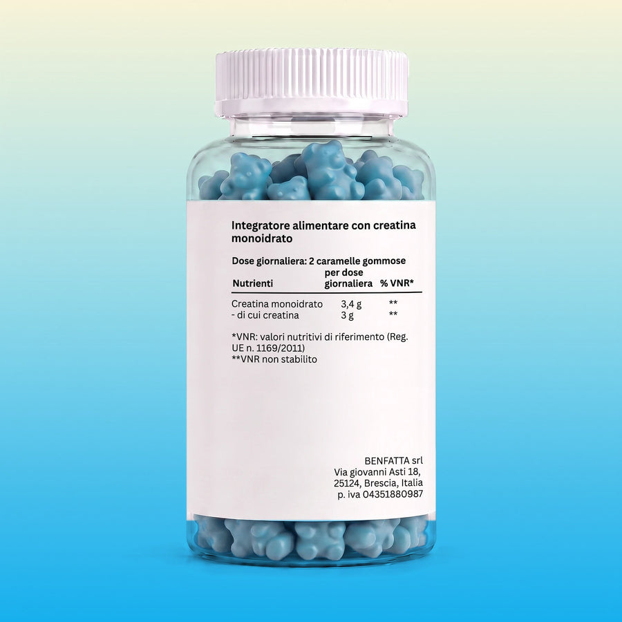 Etichetta con la tabella nutrizionale: 3,4 g di creatina monoidrato, di cui 3 g di creatina, per dose giornaliera