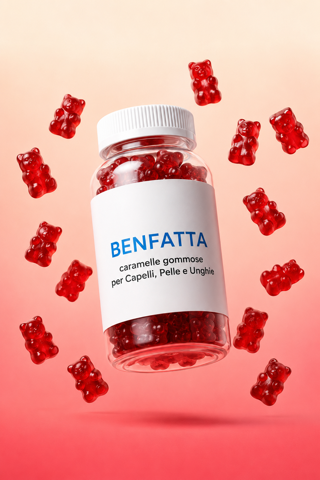 BENFATTA capelli e pelle, barattolo e gommose rosse in volo